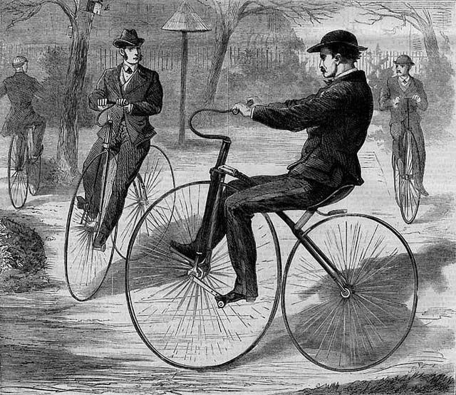 BICYCLING  was starting to become more widespread.  While early versions were built in the first half of the 19th century, two Frenchmen added mechanical crank pedals and the "velocipede" was born.  Made entirely of either wood or metal (including the tires), these were also called "boneshakers" and one of the recommended manufacturers was Mercer and Monod (54 William Street).  An 1869 book said of M&M velocipede, "The steering post is inclined backward which bring the handle within easy reach of the body, and the whole machine under perfect control; and gives it a particularly rakish and natty appearance upon the roadâ¦ The defect of this machine is its weight, which is about seventy poundsâ¦ A good rider on this machine can obtain a speed of ten or twelve miles an hour."  Of course, this was a luxury for those who could afford the $100-150 machine (around $1600-2400 today!).  With velocipedes hitting the streets, schools were opening to educate riders. A Scientific American reporter visited a facility 928 Broadway where, "on any week-day evening," "upward of a hundred and fifty gentlemenâdoctors, bankers, merchants and representatives from almost every professionâengaged in this training school preparatoryâ¦. We frequently drop into the Velocinasium to witness the novel amusement which the exhibition always affords.  [T]wo well-known stock brokers, jaded by the excitement of Wall Street, with their coats off and faces burning with zeal, gyrating around the room in the most eccentric manner." 19th century New York's elite and underbelly await you in BBC America's COPPER. Watch the premiere of the riveting new series from Academy AwardÂ®-winner Barry Levinson and EmmyÂ® Award-winner Tom Fontana on Sunday, August 19, at 10/9c, only on BBC America. For more updates on the series, be sure to like COPPER on Facebook and follow COPPER on Twitter.